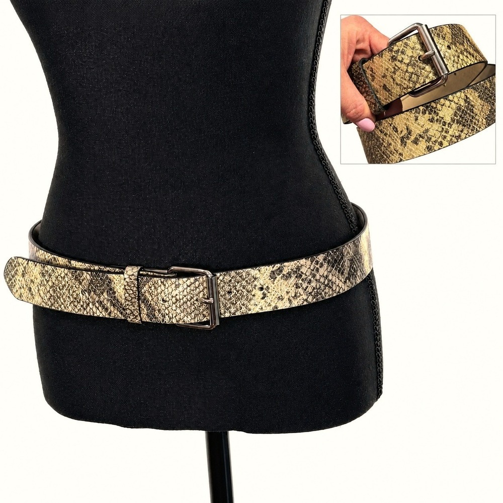 Womens Gold Snakeskin Animal Print Leather Belt Size M/L Wide Metallic Statement